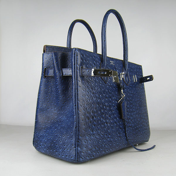 High Quality Fake Hermes Birkin 35CM Ostrich Veins Handbag Dark Blue 6089